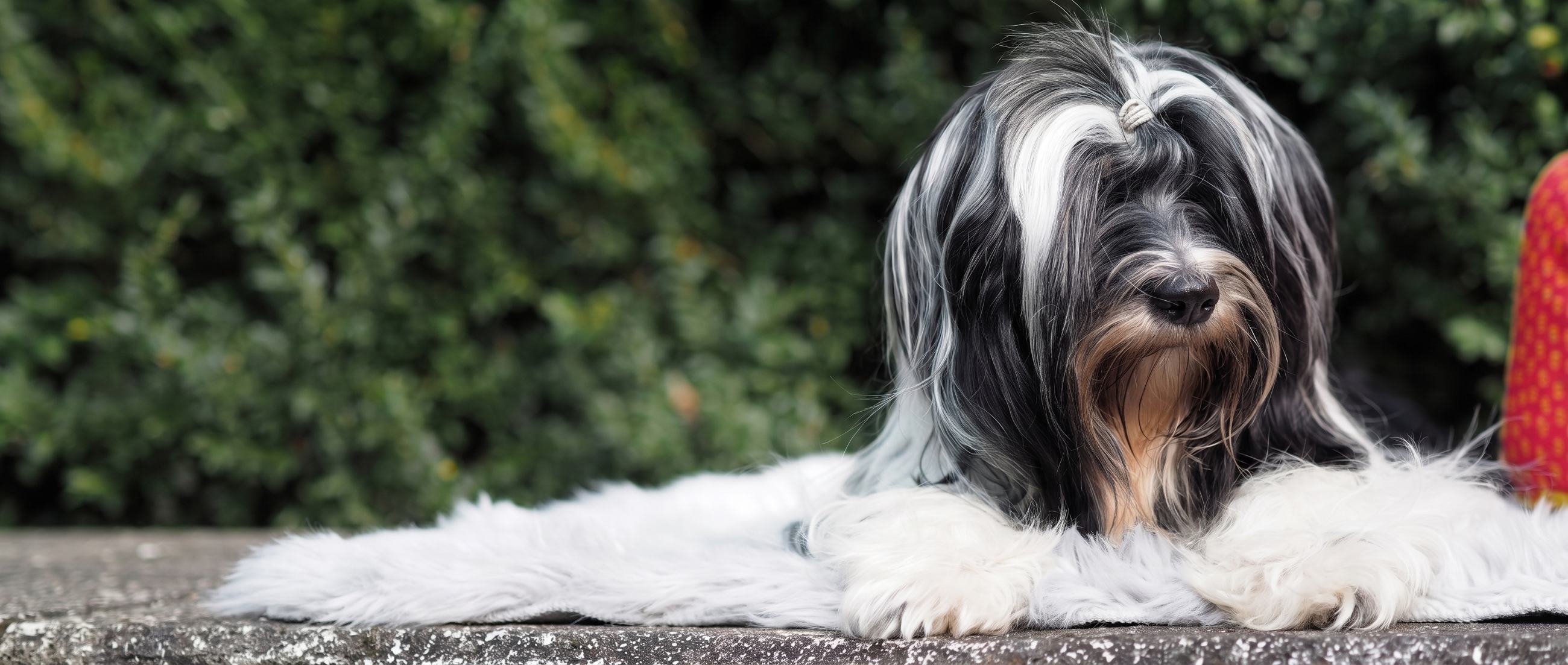 Ein erwachsener Tibet Terrier mit schwarz-weißem Haarkleid und hochgebundenem Stirnhaar liegt auf einem weißen Schaffell vor einer grünen Hecke.