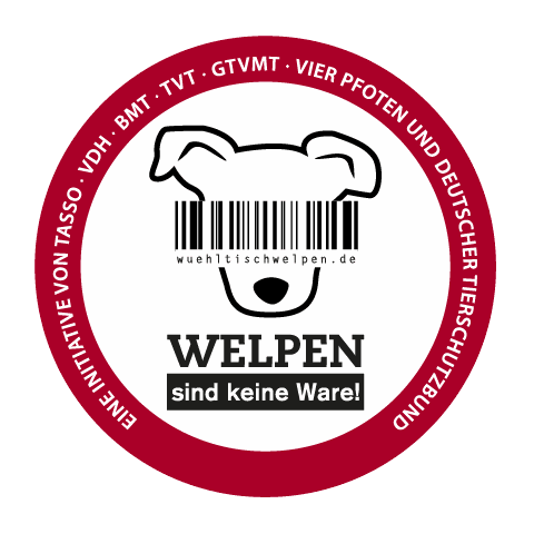 Siegel der Initiative «Welpen sind keine Ware» von TASSO, VDH, BMT, TVT, GTVMT, VIER PFOTEN und Deutschem Tierschutzbund.